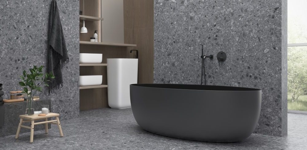 Ванная комната с плиткой терраццо различных размеров и цветов в 2021